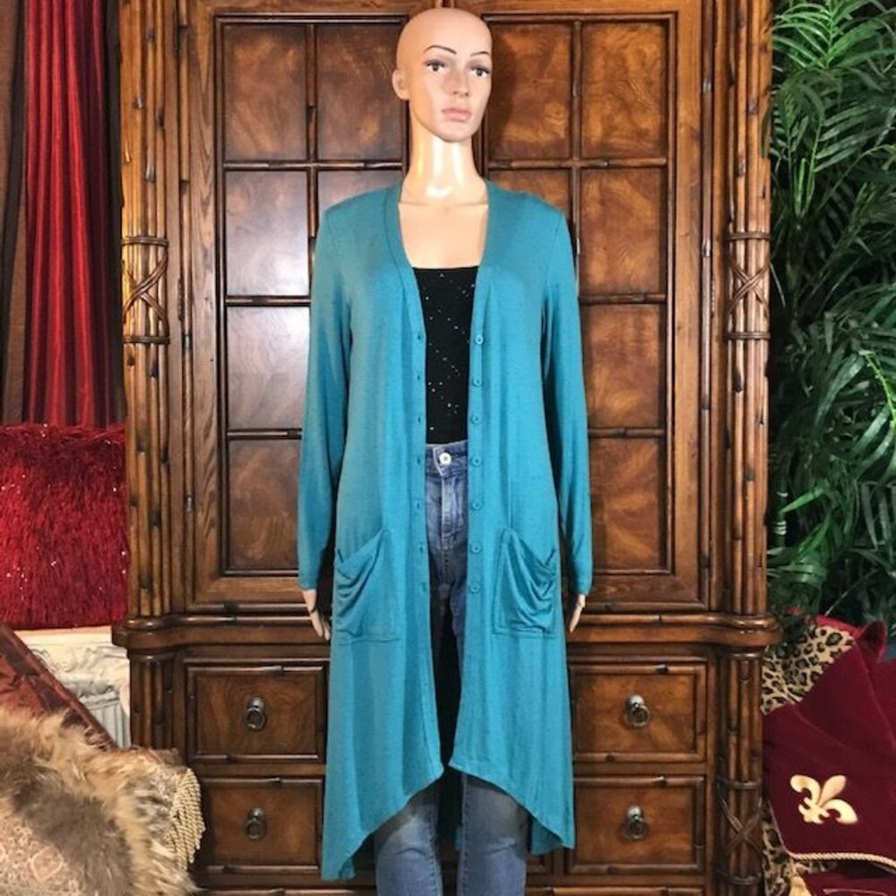 Lisa Rinna Speckled Turquoise Duster Cardigan